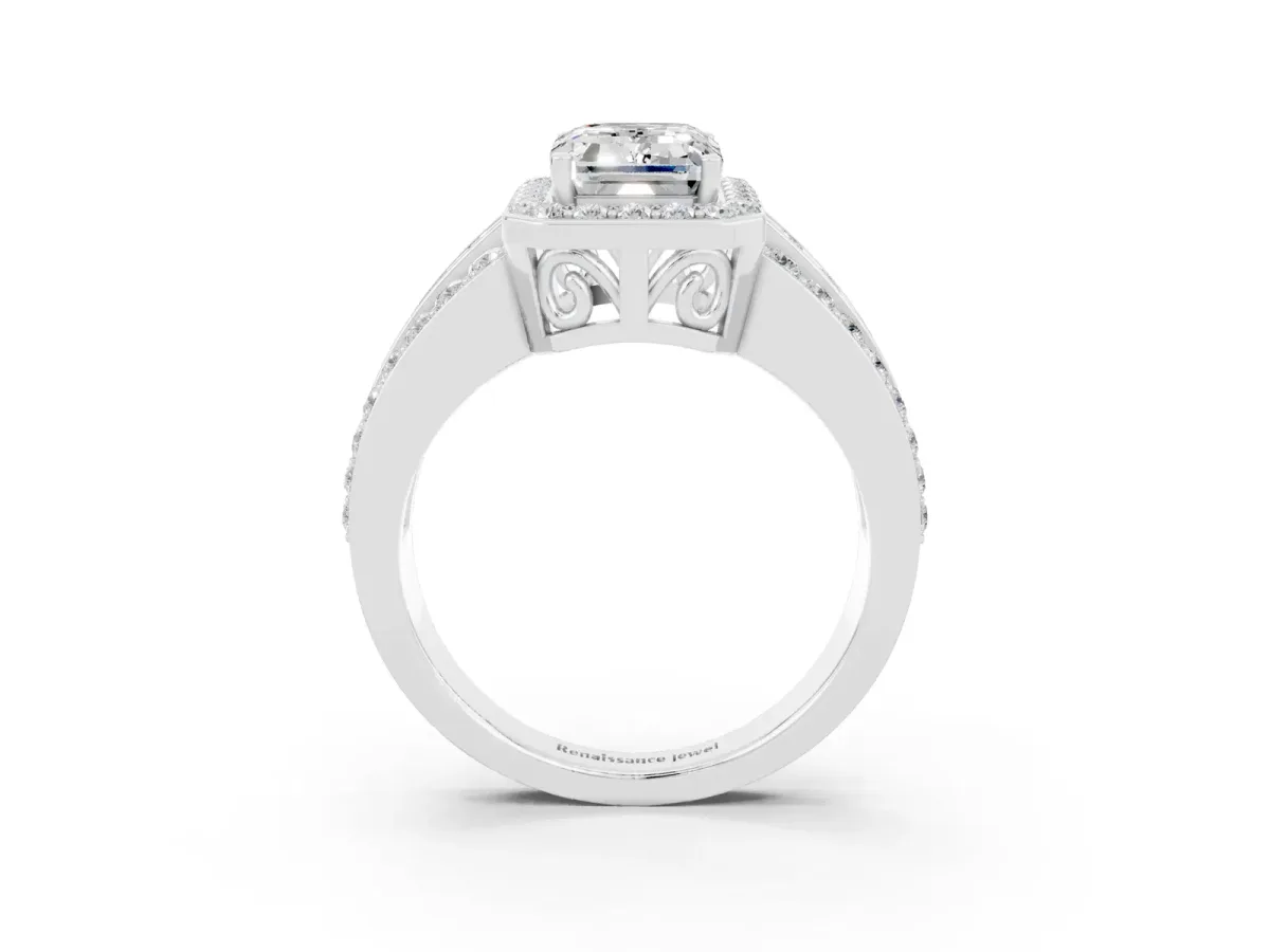 Emerald Cut Halo Moissanite Ring with Round Split Shank and Prong Setting Silver