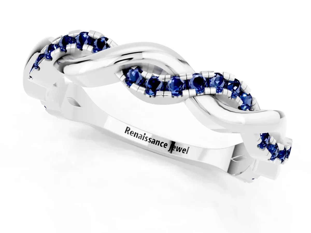 Round Blue Sapphire Twist Eternity Band with Pavé Setting Silver
