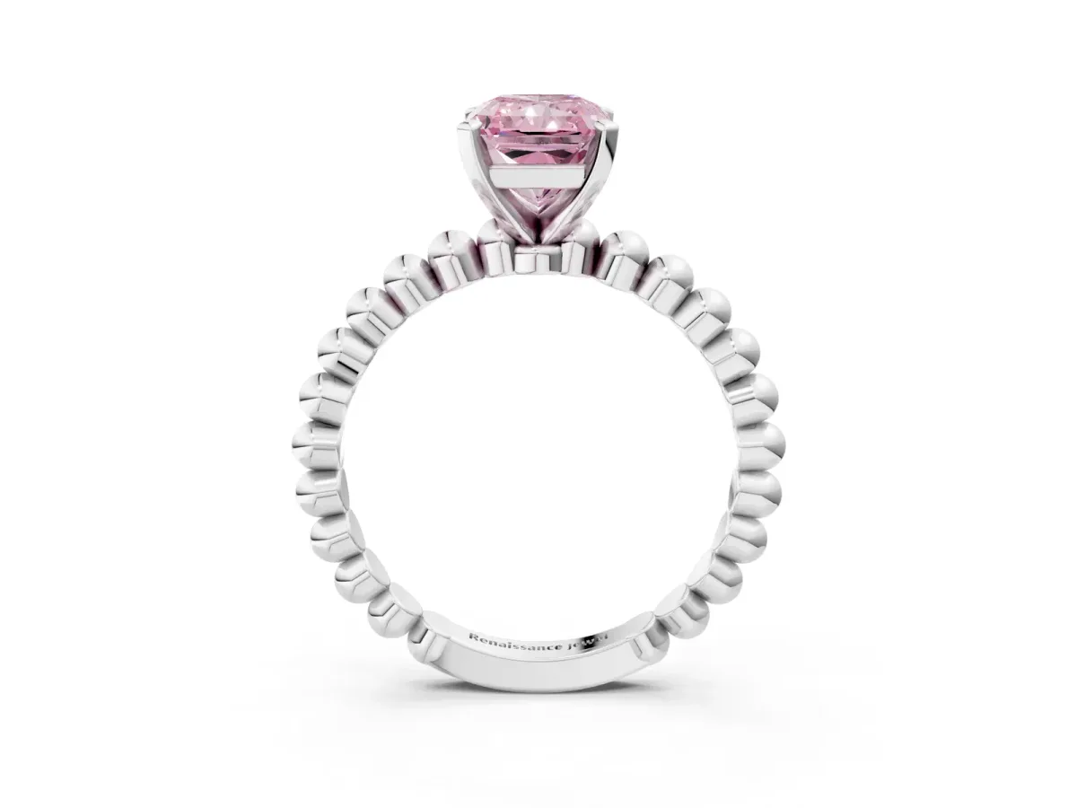 Fancy Pink Radiant Cut Diamond Solitaire Ring with Beaded Band and Prong Setting Silver