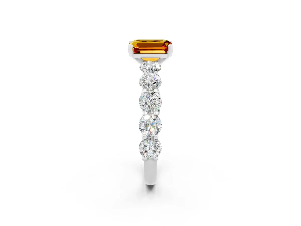Emerald Cut Citrine Prong Setting with Side Stones on a Pave Band White gold