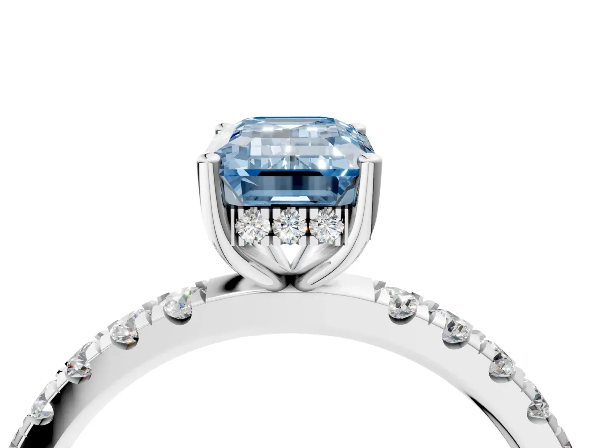 Fancy Blue Emerald Cut Diamond Pave Band Solitaire Ring with Round and Prong Setting Platinum