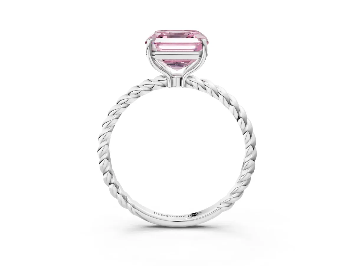 Fancy Pink Asscher Cut Solitaire Twisted Band 4-Prong Ring Platinum