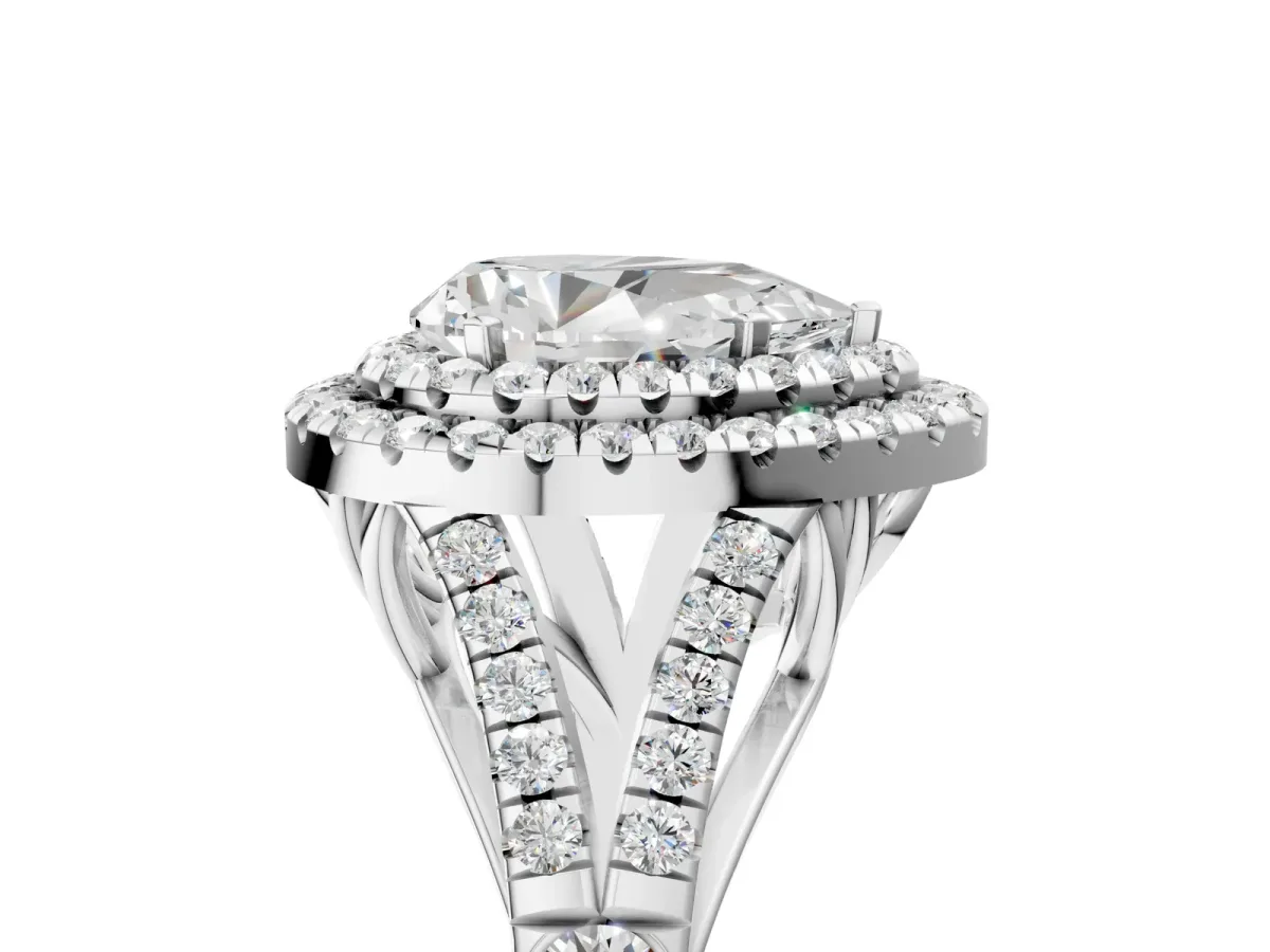 Double Halo Pear Cut Diamond Split Shank Engagement Ring with Four-Prong Setting White gold