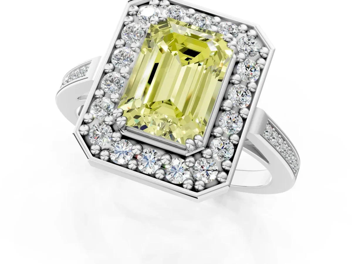 Fancy Yellow Emerald Cut Diamond Halo Ring with Split Shank and Four-Prong Setting White gold