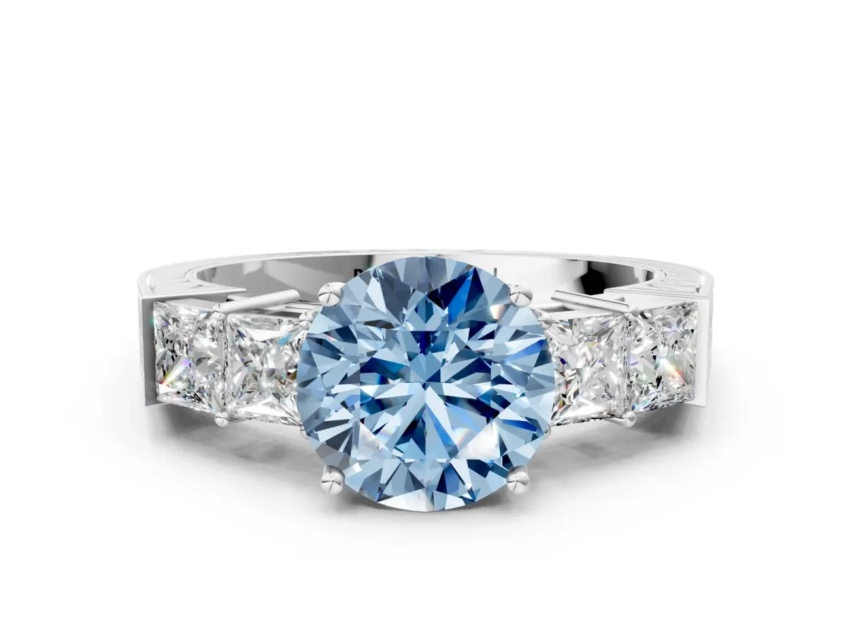 Fancy Blue Round Cut Solitaire Princess Side Stone Engraved Band Prong Setting Ring Silver