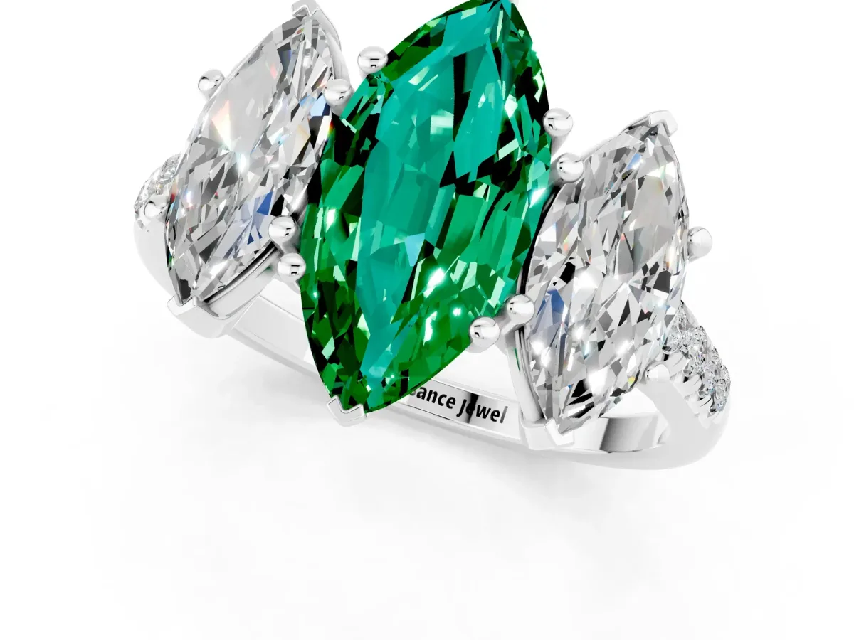 Three-Stone Marquise Cut Emerald Ring with Round Pavé Band and Prong Setting Silver