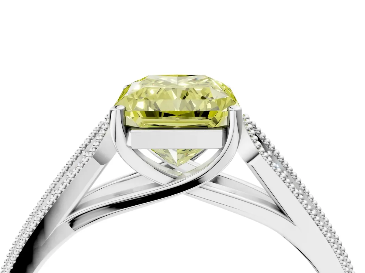 Fancy Yellow Radiant Cut Cut Pave Split Shank Engagement Ring with Four-Prong Setting Platinum