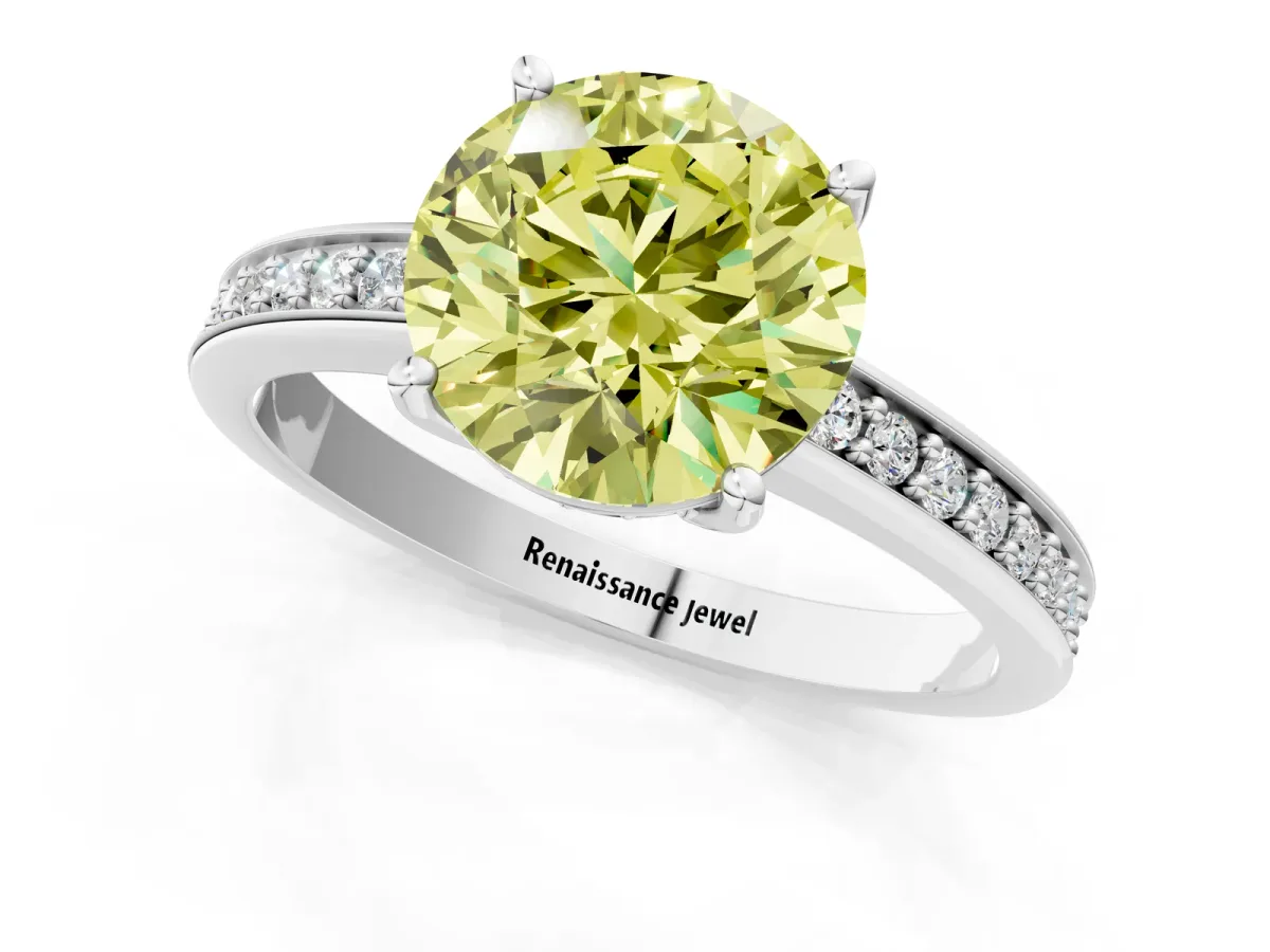 Fancy Yellow Asscher Cut Solitaire Pavé Band Prong Setting Ring Platinum
