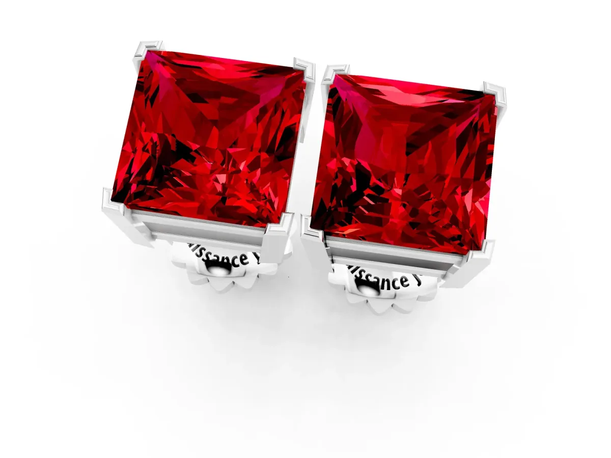 Princess Cut Ruby Stud Earrings Silver