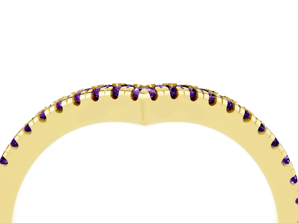 Pavé Round Amethyst V-Shaped Chevron Band with Shared Prong Setting Yellow gold