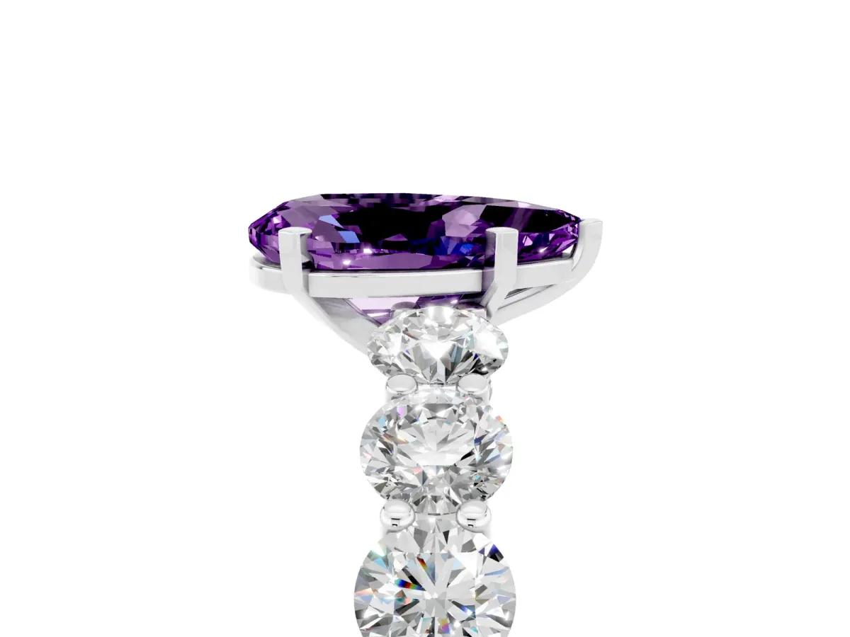 Pear Cut Amethyst Prong Setting with Side Stones on a Pave Band Silver