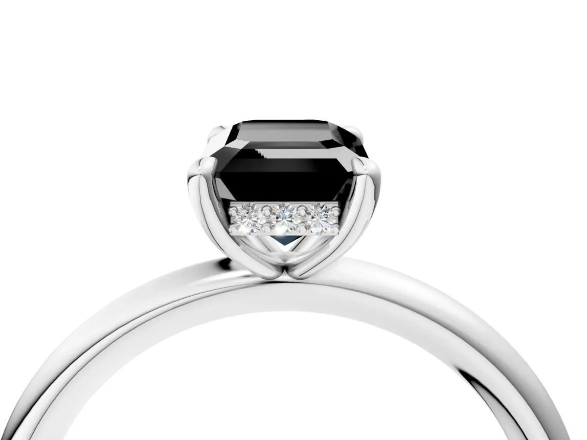 Fancy Black Emerald Cut Diamond Solitaire Ring with Thin Band and Four-Prong Setting Platinum