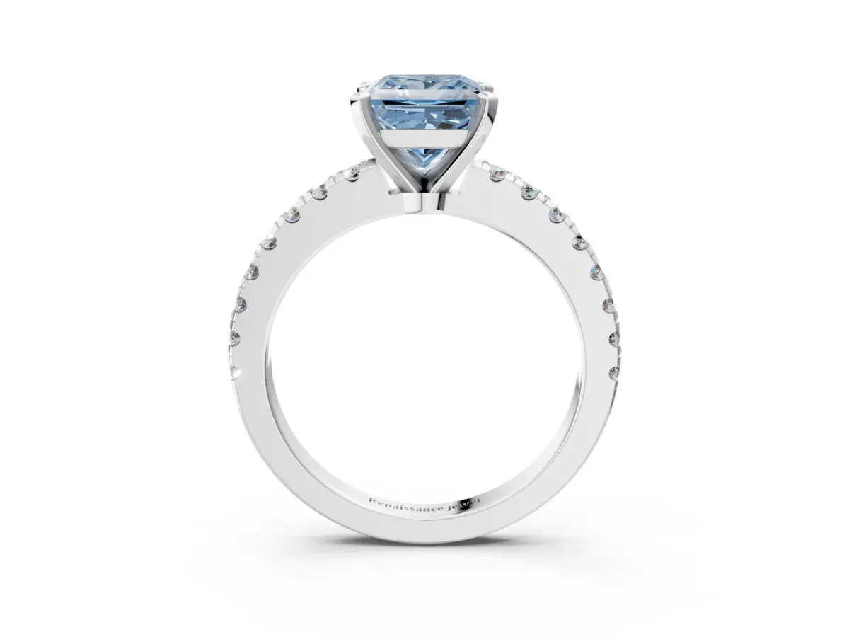 Fancy Blue Princess Cut Solitaire Diamond with Pavé Band and Four-Prong Setting Silver