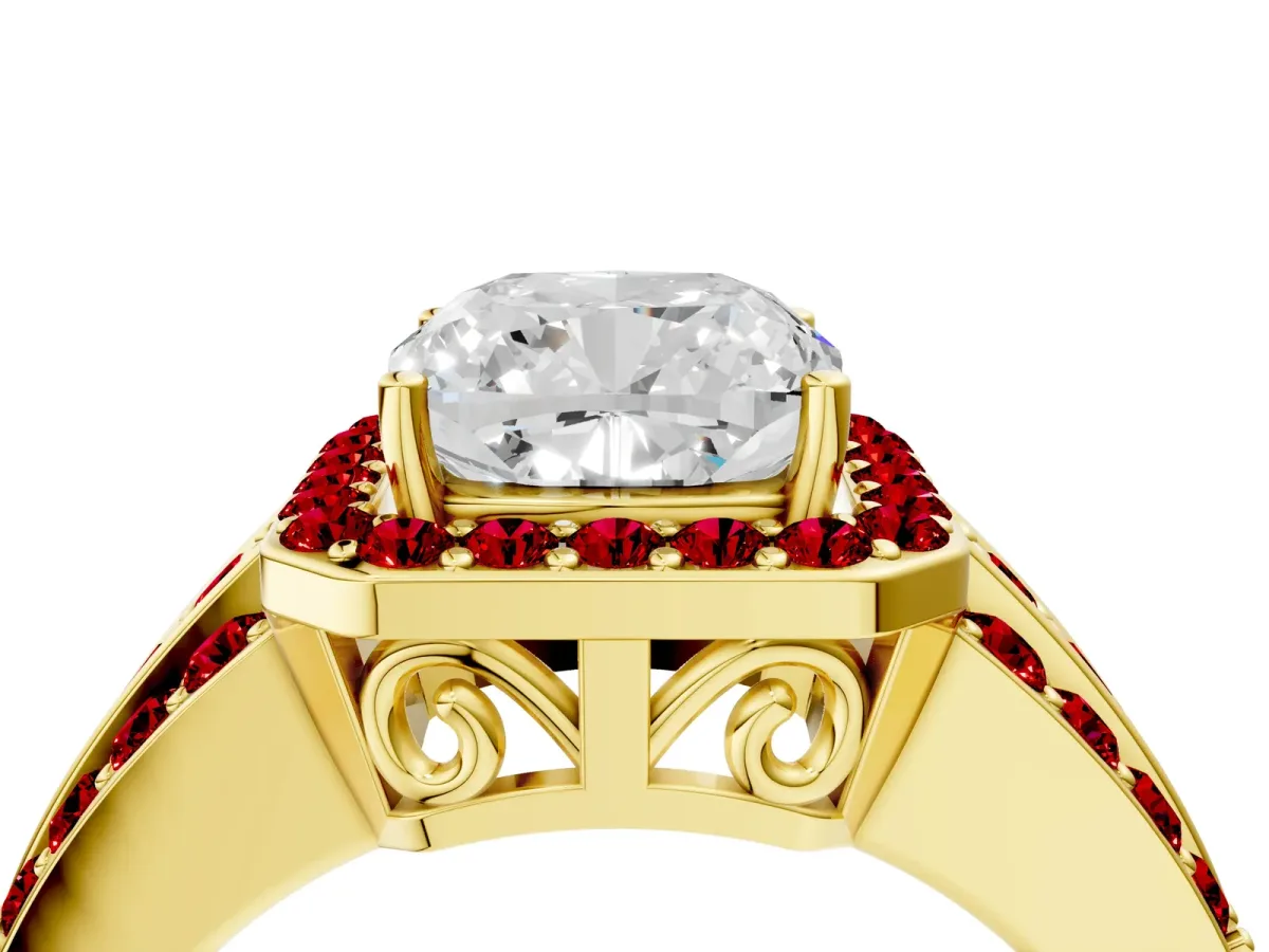 Cushion Cut Halo Diamond Ring with Round Ruby Split Shank and Prong Setting Yellow gold
