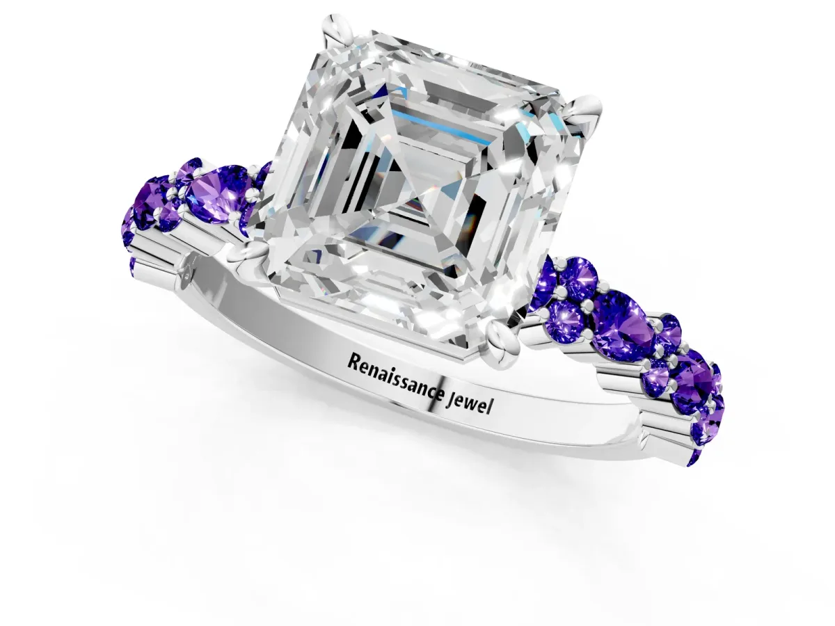 Asscher Cut Diamond Side Stone Solitaire Ring with Round Tanzanite and Four-Prong Setting Silver