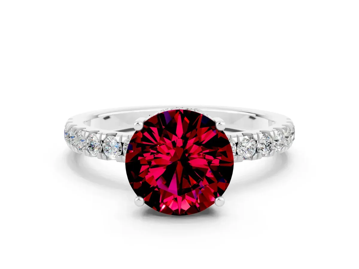 Round Cut Garnet Pave Band Solitaire Ring with Round and Prong Setting Silver