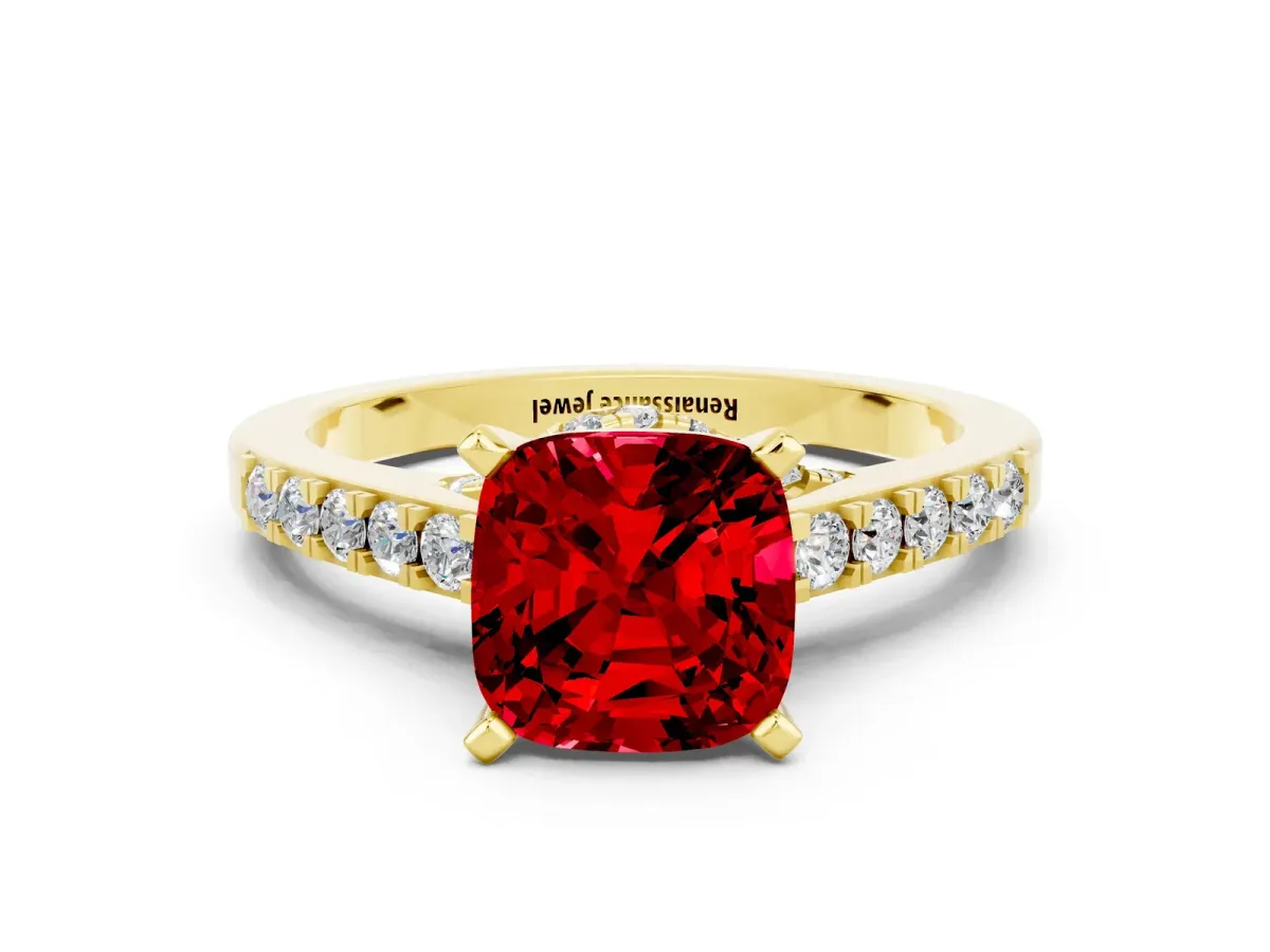 Cushion Cut Ruby Solitaire Ring with Crossover Gallery and Round Pavé Band Yellow gold