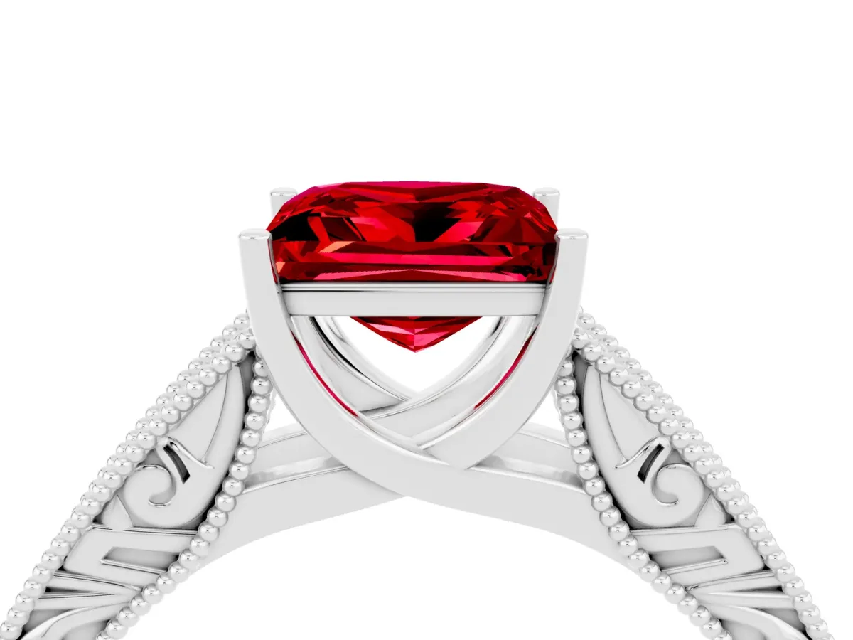 Princess Cut Ruby Solitaire Ring with Engraved Band and Four-Prong Setting White gold