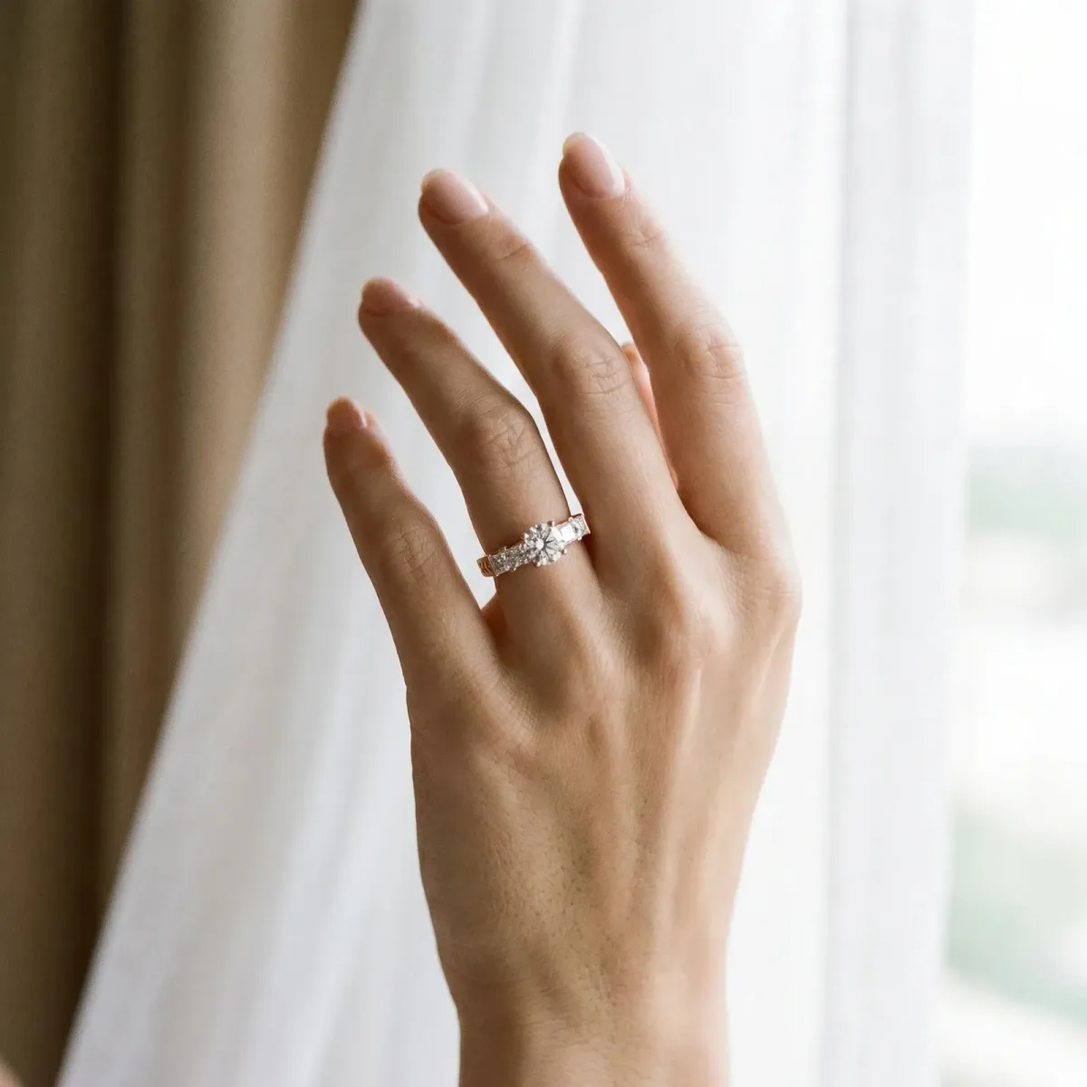 Round Cut Solitaire Princess Side Stone Engraved Band Prong Setting Ring Rose gold