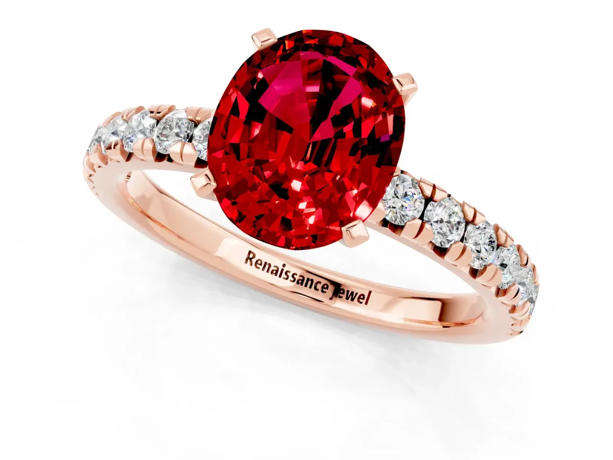 Oval Cut Ruby Solitaire Pavé Engagement Ring with Round Band and Prong Setting Rose gold