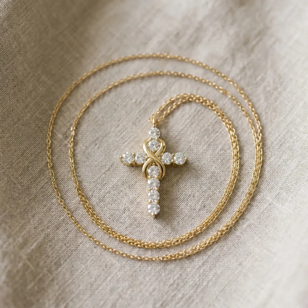 Round Diamond Prong Set Infinity Cross Pendant Yellow gold