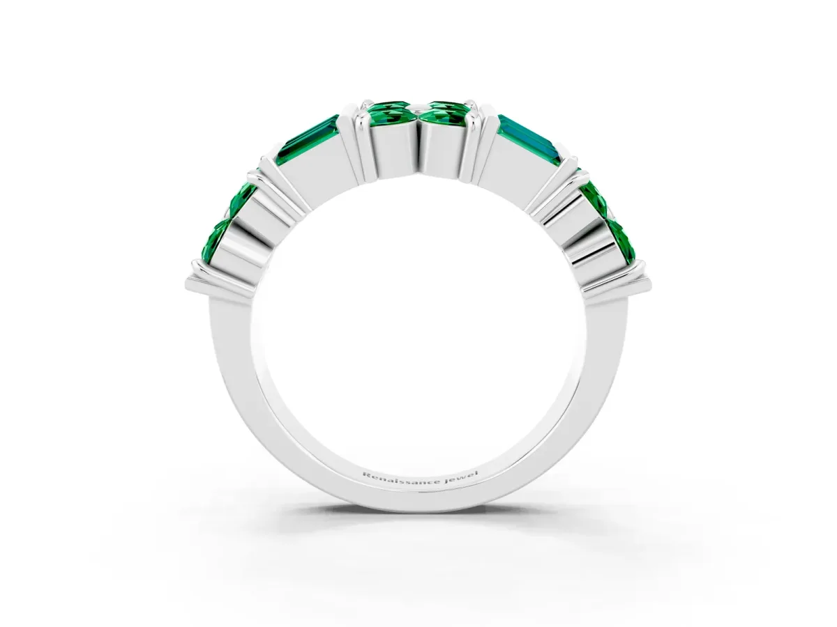 Channel Set Round and Baguette Emerald Anniversary Band with Prong Setting Silver