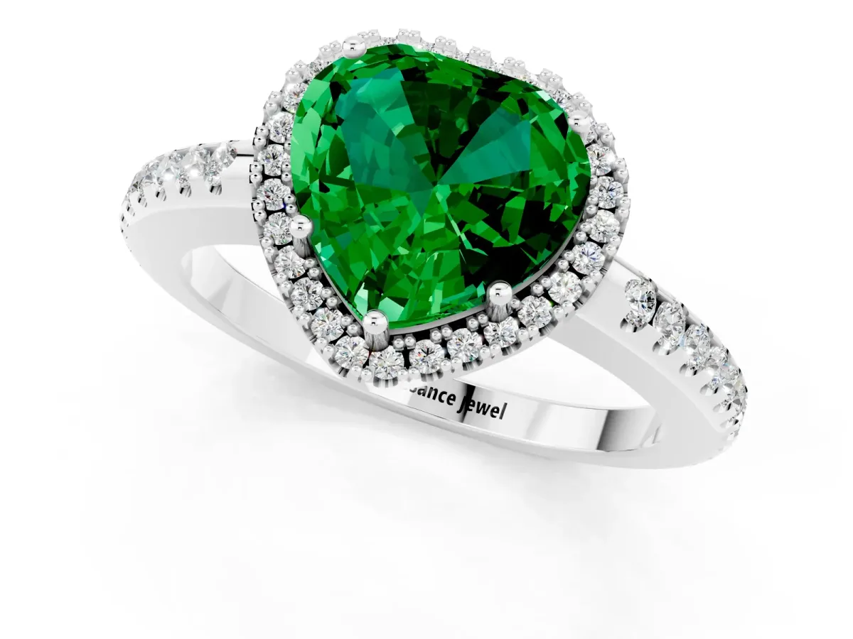 Heart Cut Emerald Pavé Halo Ring with Four-Prong Setting White gold