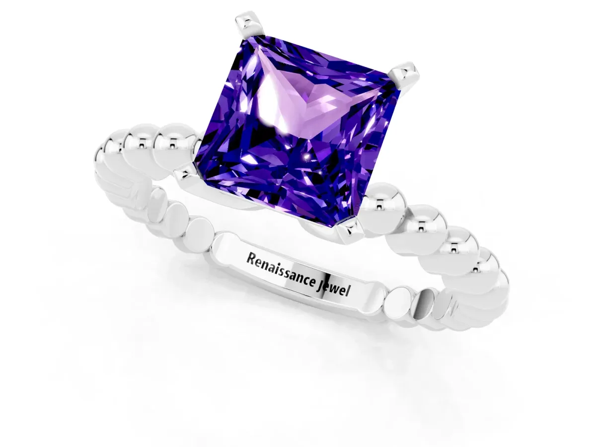 Princess Cut Tanzanite Solitaire Ring with Beaded Band and Prong Setting Platinum
