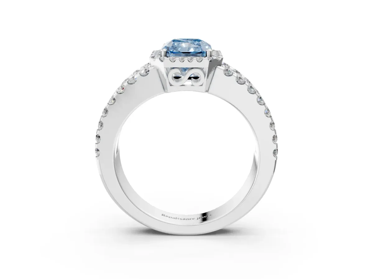 Fancy Blue Radiant Cut Cut Halo Split Shank Diamond Ring with Four-Prong Setting Platinum