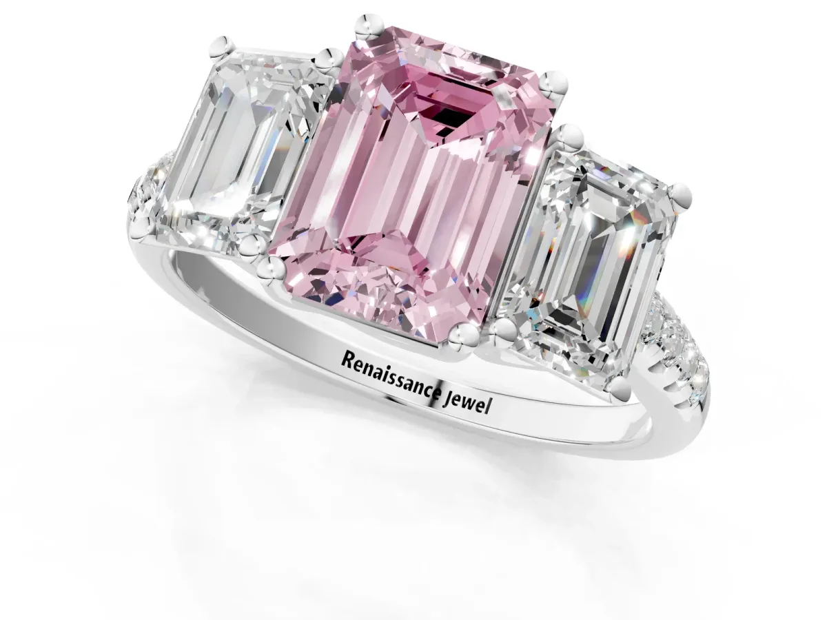 Fancy Pink Three-Stone Emerald Cut Diamond Ring with Round Pavé Band and Prong Setting Silver
