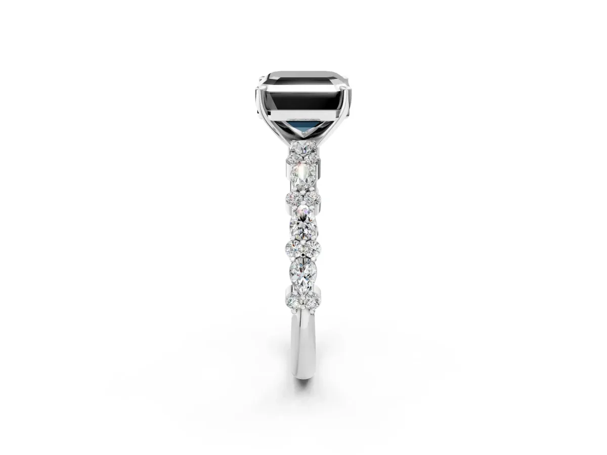 Fancy Black Asscher Cut Diamond Side Stone Solitaire Ring with Round and Four-Prong Setting White gold