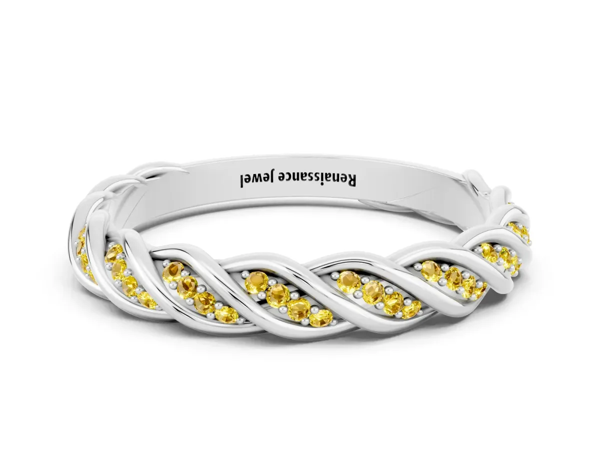 Twisted Pavé Round Yellow Sapphire Eternity Band with Shared Prong Setting White gold