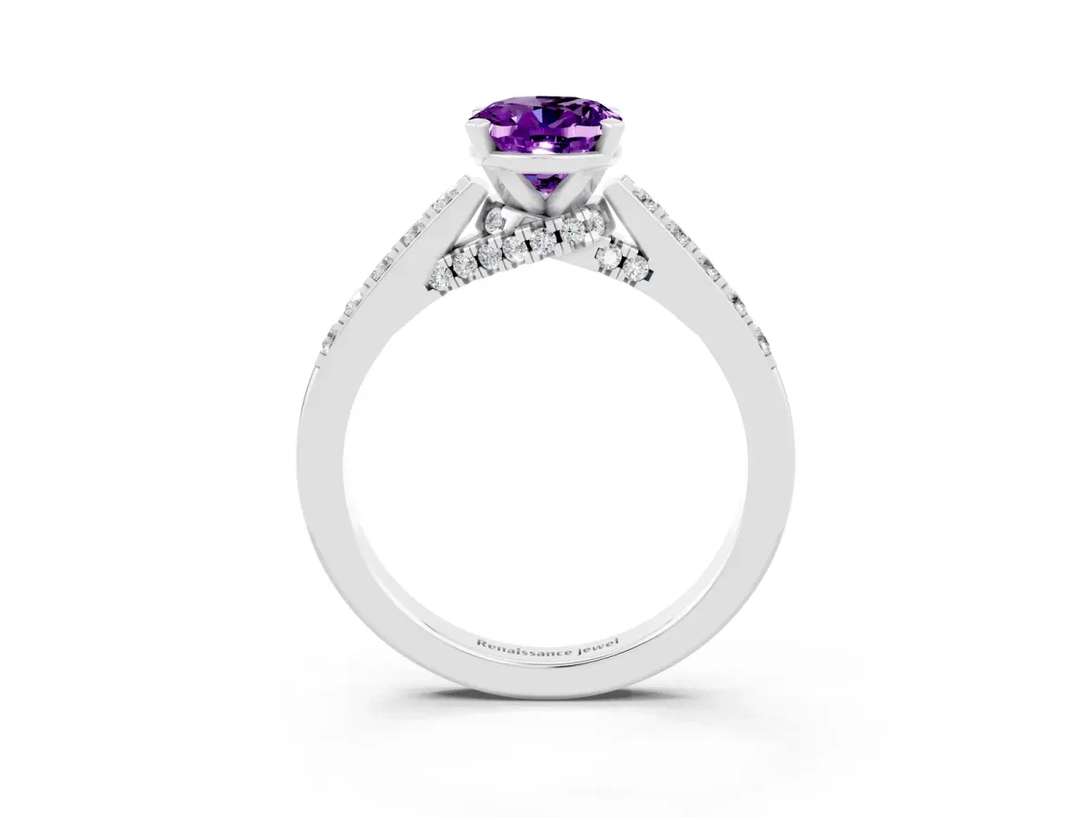 Oval Cut Amethyst Solitaire Ring with Crossover Gallery and Round Pavé Band Silver