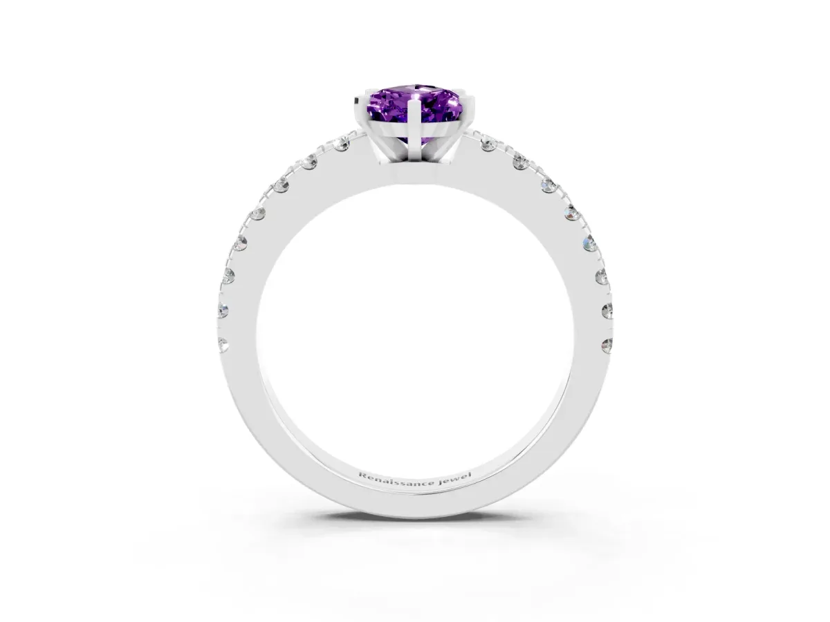 Pear Cut Solitaire Amethyst with Pavé Band and Four-Prong Setting Platinum