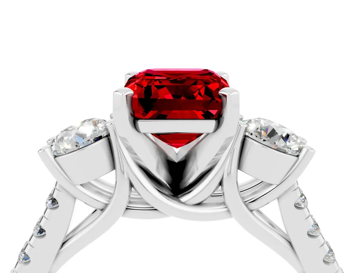 Three-Stone Emerald Cut Ruby Pavé Band with Four-Prong Setting Silver