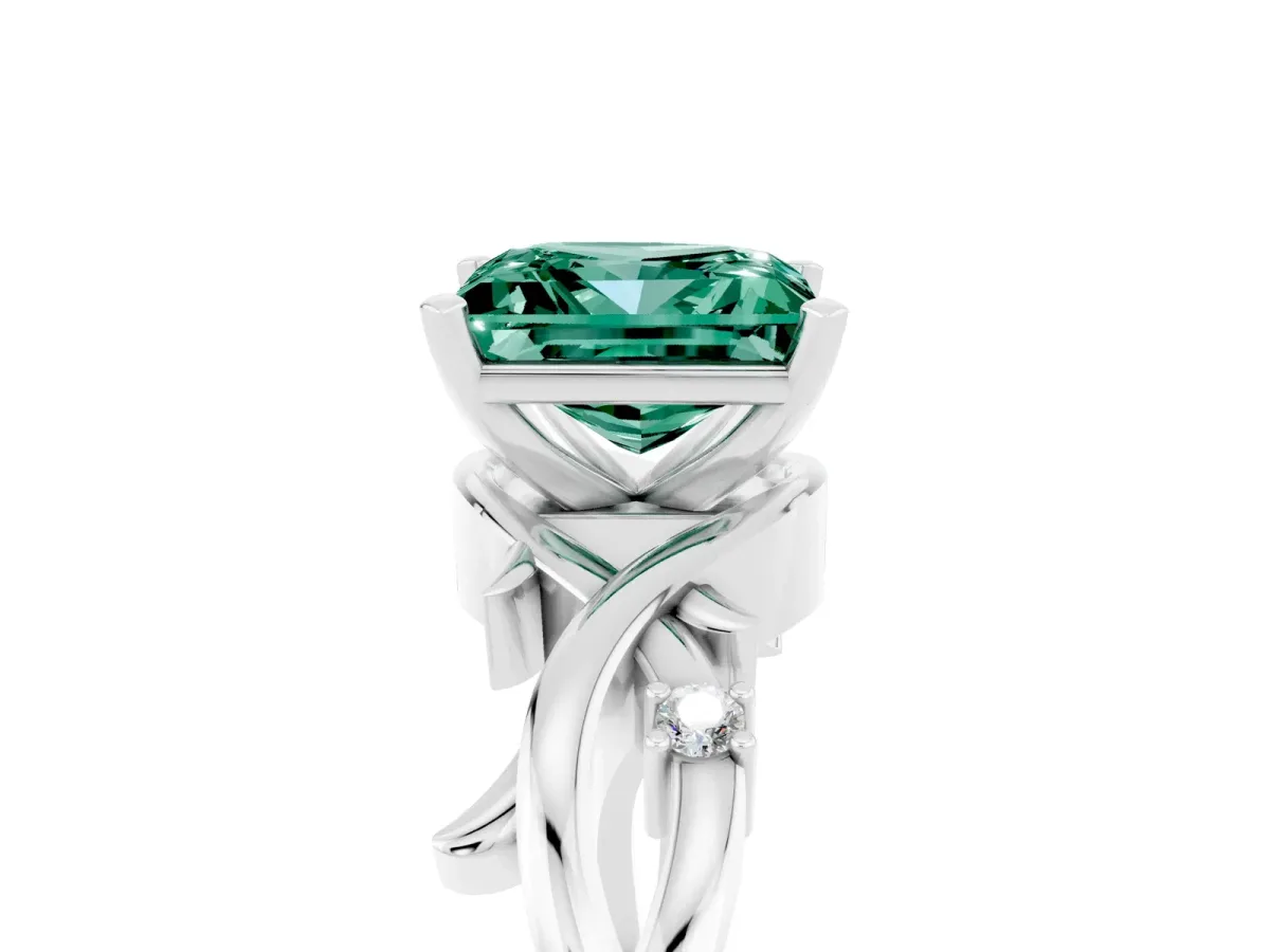 Princess Cut Green Sapphire Solitaire Ring with Twisted Band and Prong Setting Silver