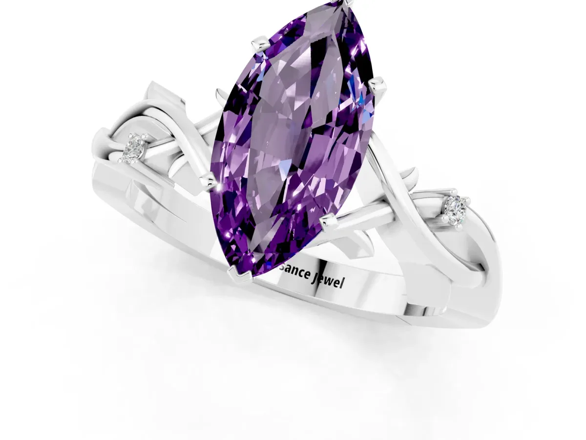 Marquise Cut Amethyst Solitaire Ring with Twisted Band and Prong Setting White gold