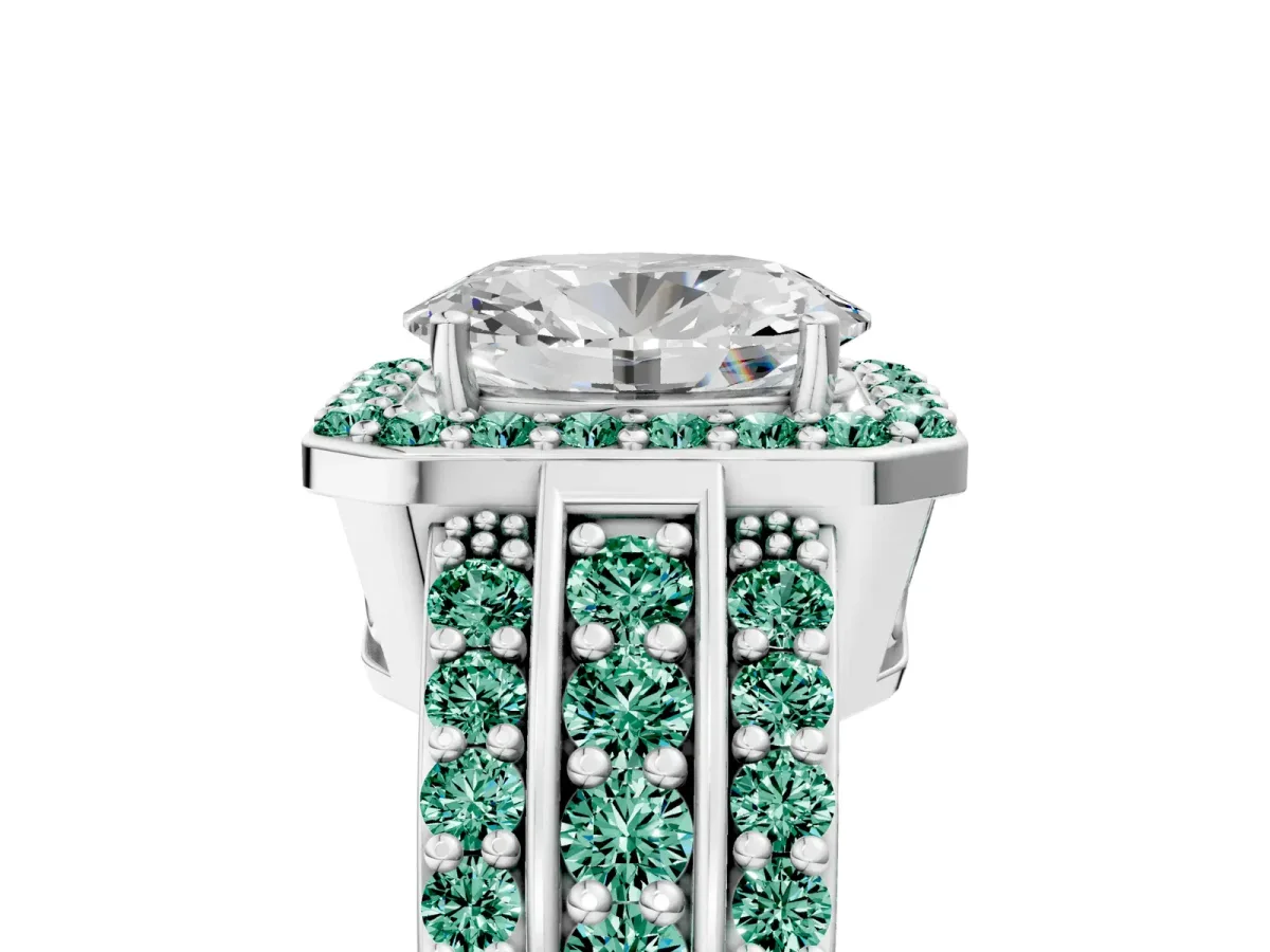 Oval Cut Halo Diamond Ring with Round Green Sapphire Split Shank and Prong Setting Silver