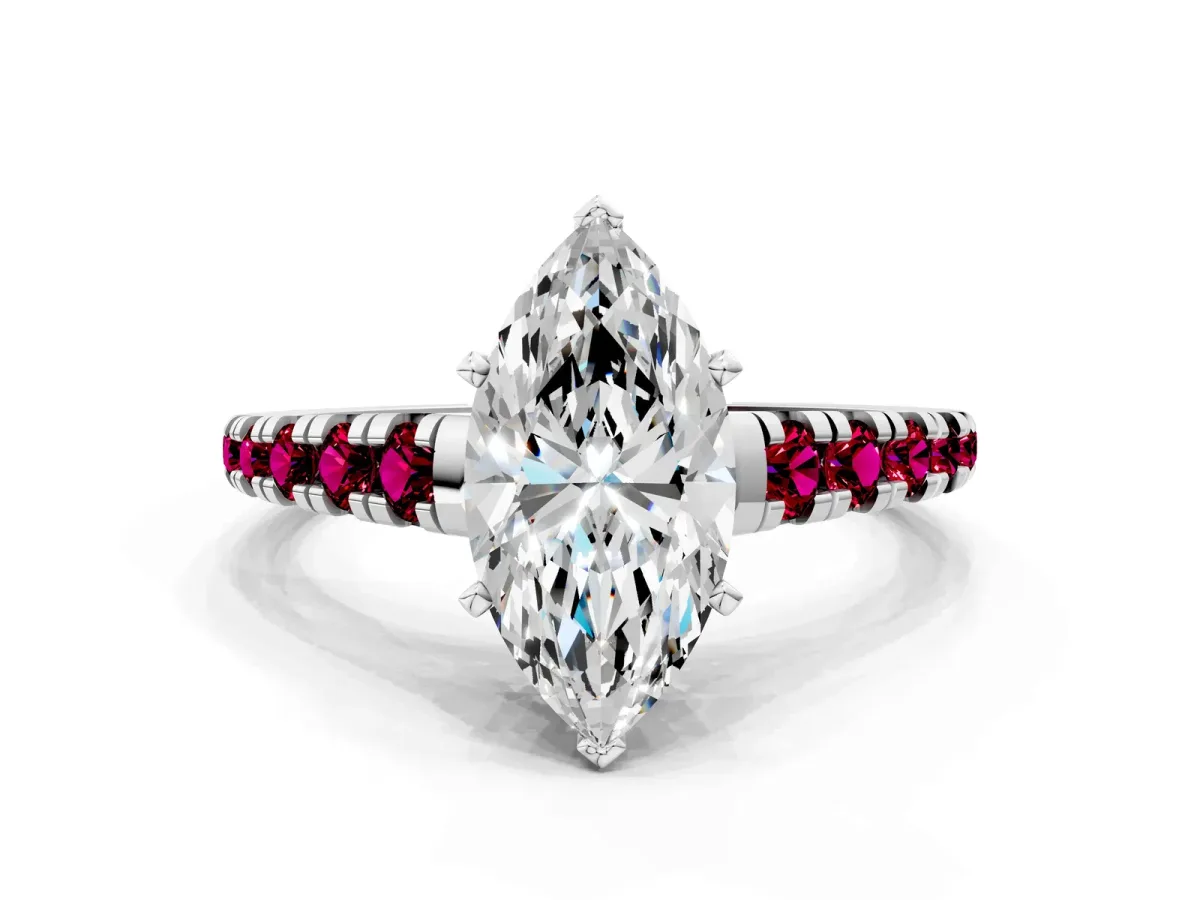 Marquise Cut Diamond Cathedral Solitaire Ring with Round Garnet Pavé Band Silver