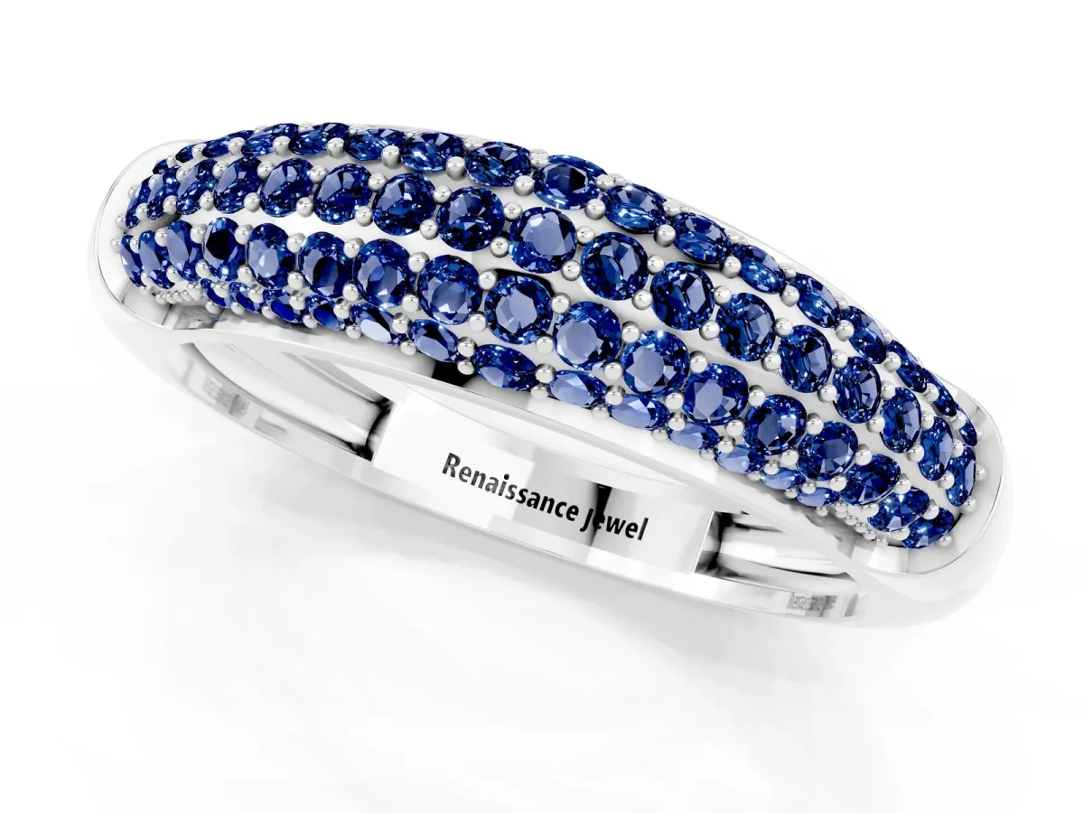 Three-Row Pavé Round Blue Sapphire Dome Band White gold