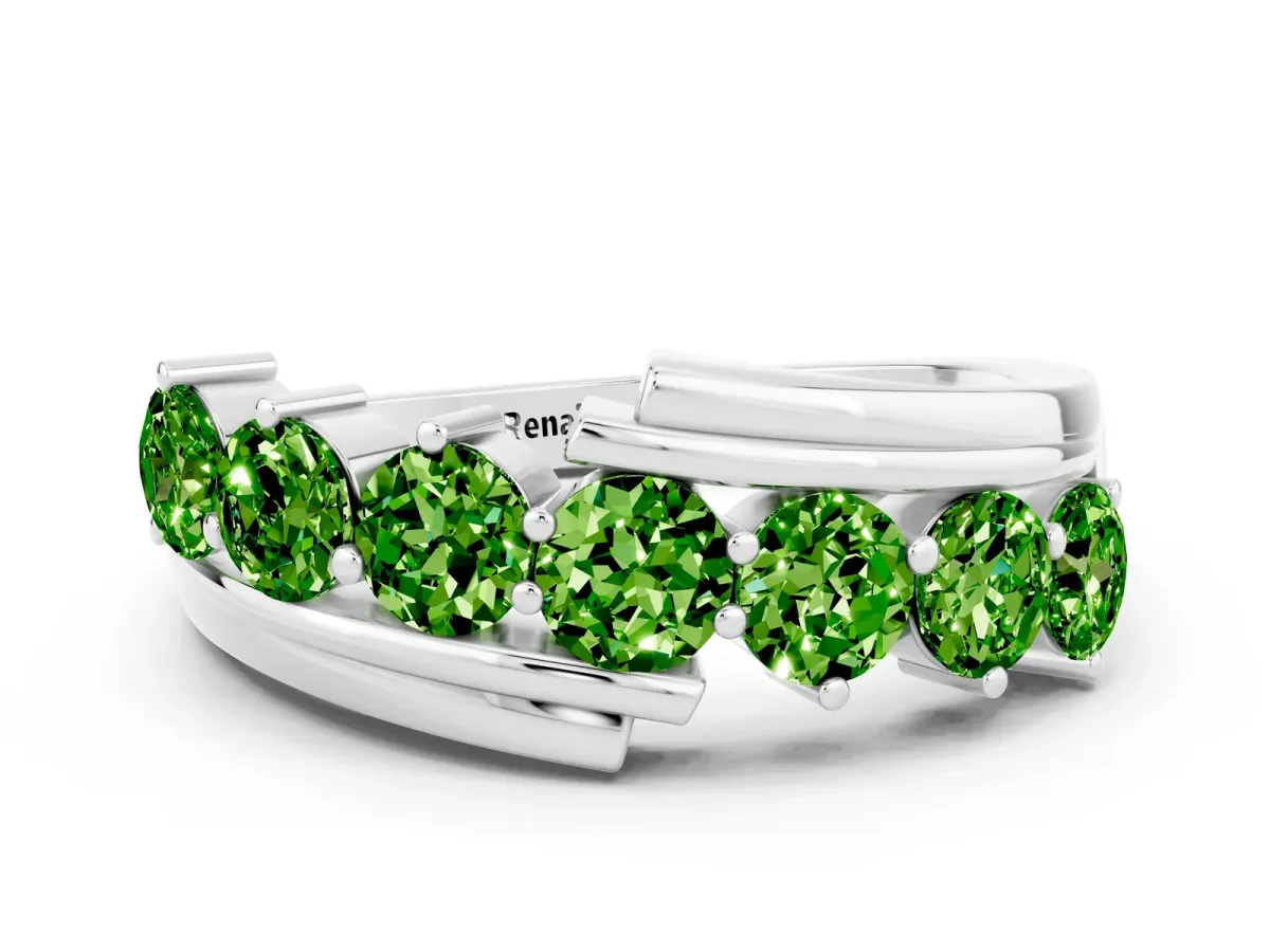Round Peridot Wave Band with Channel and Shared Prong Setting Platinum