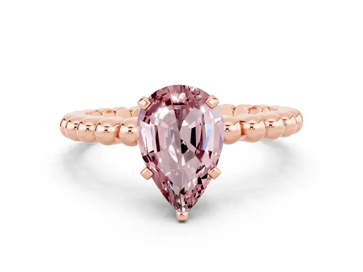 Pear Cut Morganite Solitaire Ring with Beaded Band and Prong Setting Rose gold