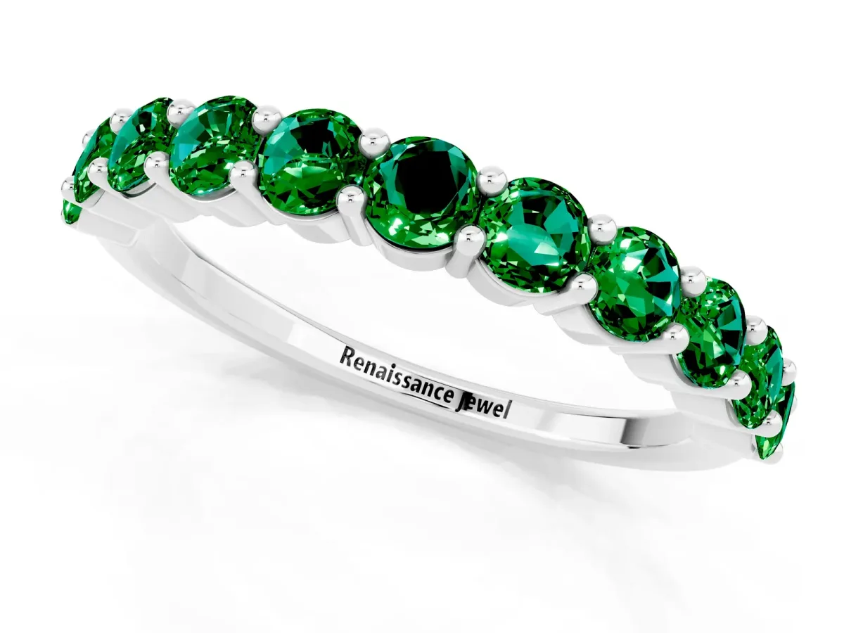Round Emerald Half Eternity Band with Prong Setting Silver