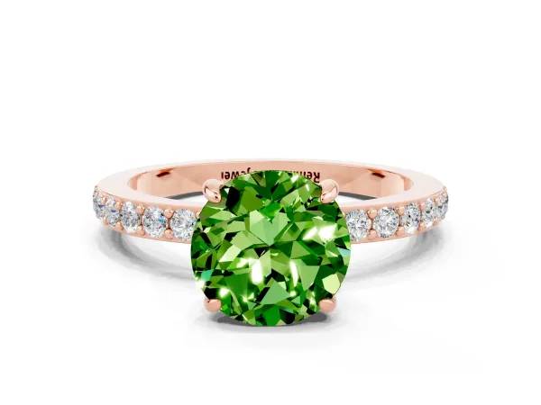 Round Cut Peridot Solitaire Engagement Ring with Pavé Band and Four-Prong Setting Rose gold