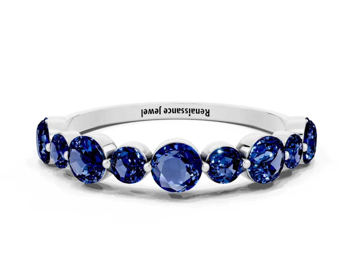 Round Blue Sapphire Scalloped Prong Set Eternity Band Silver
