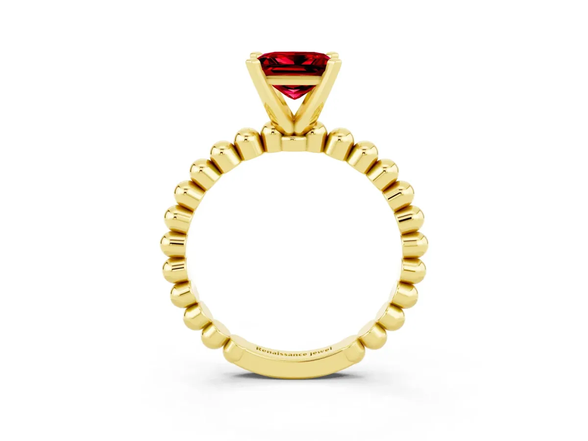 Princess Cut Ruby Solitaire Ring with Beaded Band and Prong Setting Yellow gold