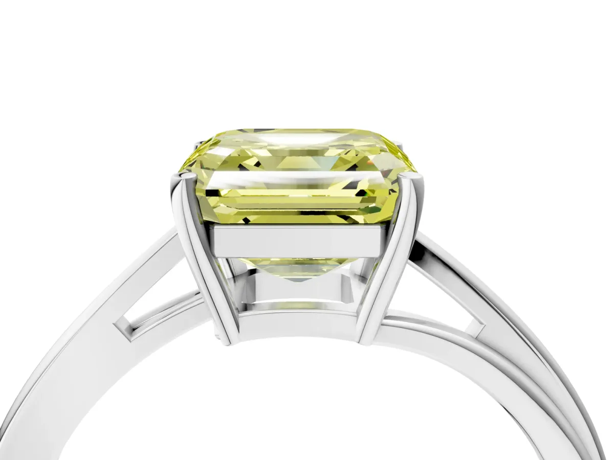 Fancy Yellow Asscher Cut Cut Solitaire Twist Band Ring with Four-Prong Setting Platinum