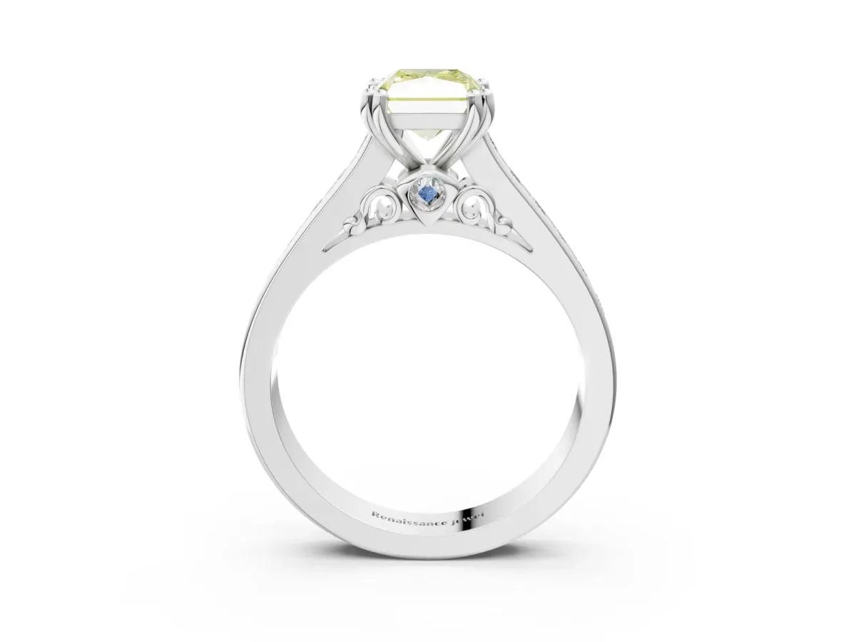 Fancy Yellow Radiant Cut Cut Channel Set Solitaire Engagement Ring with Prong Setting Platinum