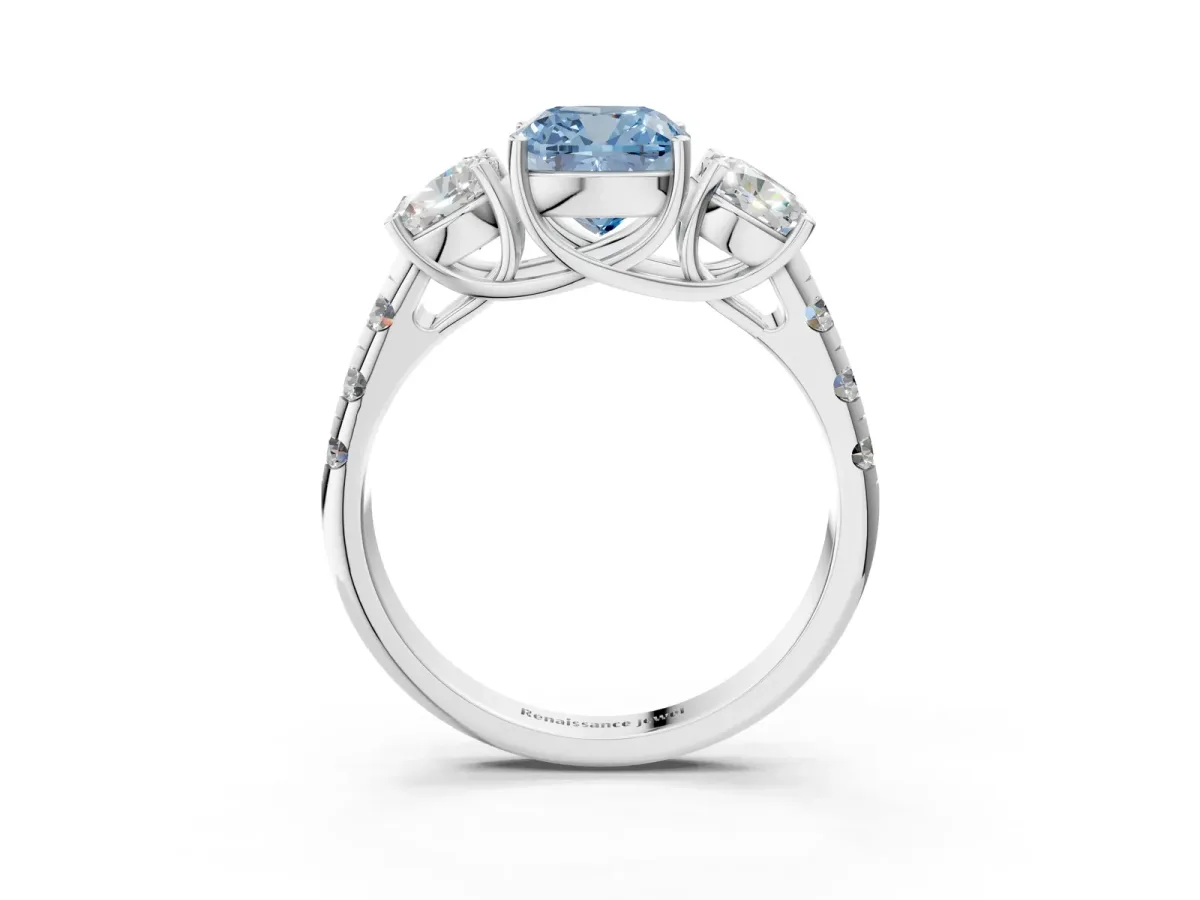 Fancy Blue Three-Stone Cushion Cut Diamond Pavé Band with Prong Setting Platinum