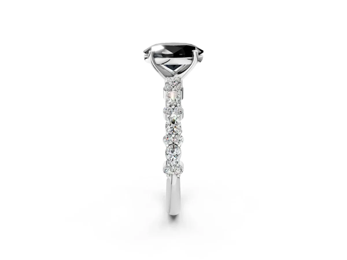 Fancy Black Oval Cut Diamond Side Stone Solitaire Ring with Round and Four-Prong Setting Platinum